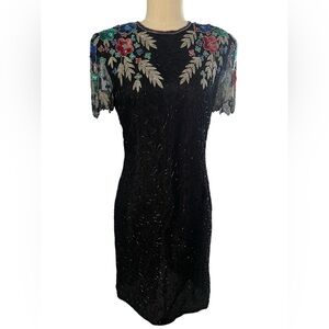 Vintage 70s/80s SCALA Loral Beaded Sequin Black Dress Sz P/L
